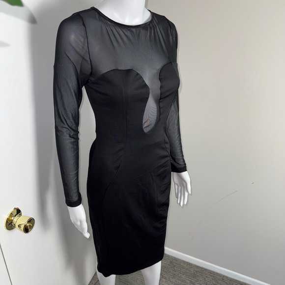 Commense Black Sheer Mesh Long Sleeve Bodycon Midi Dress Cut Out Party Size M - Picture 13 of 17